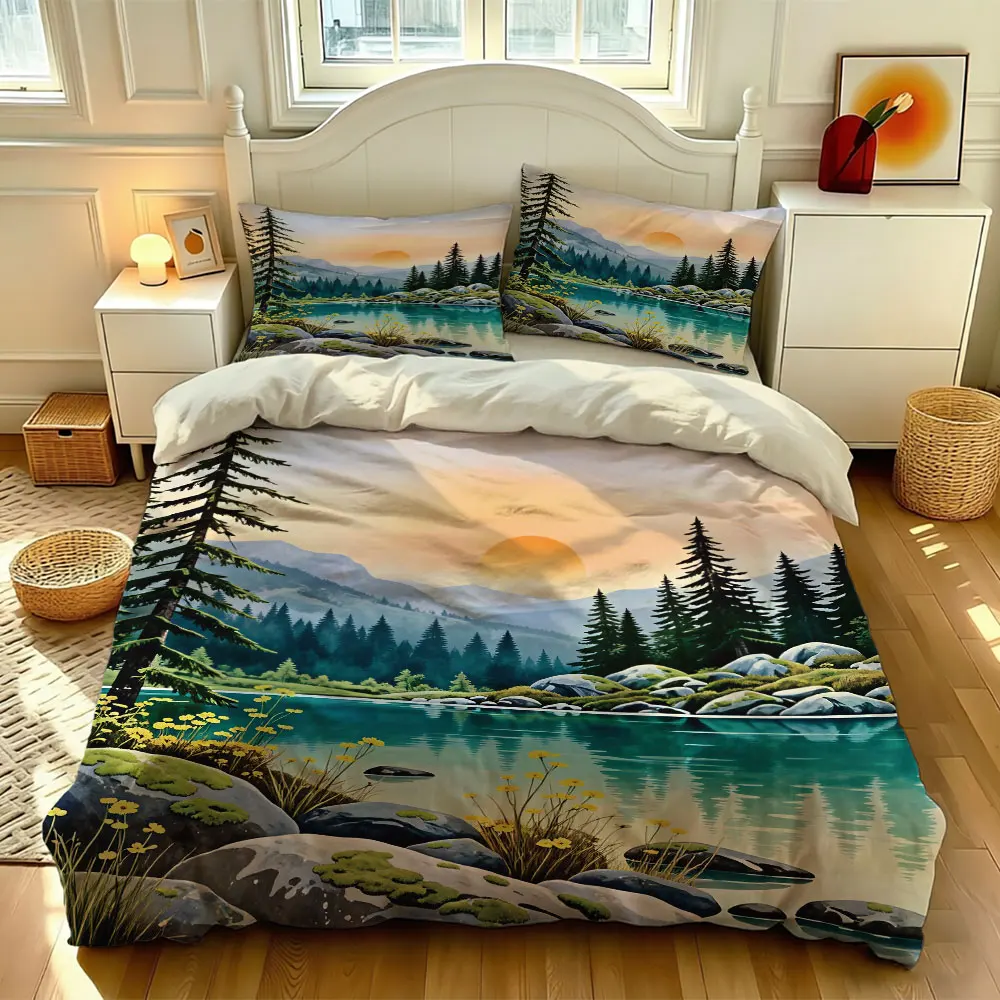 3-piece Sun Lake Sunset Landscape Printed Bedding Set with Soft Coreless Duvet Cover Cover Machine Washable