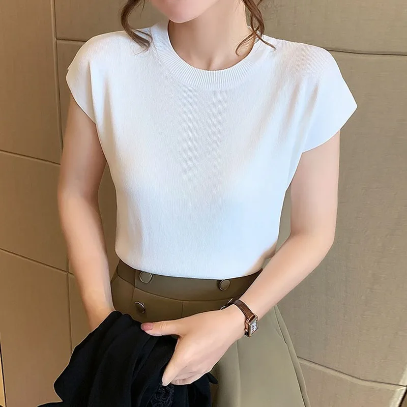 

Sueters De Mujer Short Sleeve Knitted Sweater Women Pullovers New White O-Neck Knit Sweater Pullover Women Tops Knitwears Q3597
