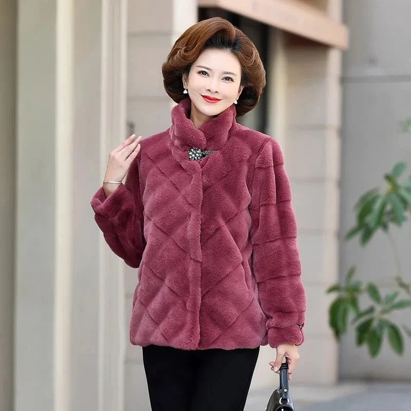 High End Mother Winter Jacket Thick Quilted Short Middle Aged Women Mink Fur Coat Elegant Female Faux Mink Velvet Woolen Outwear