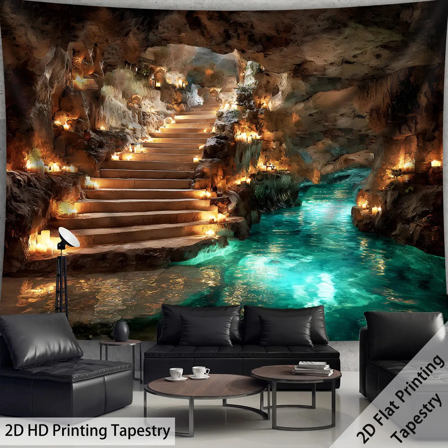 Underground Cave Adventure Tapestry, Turquoise River and Stalactite Ceiling HD Print  for Modern Living Room and Bedroom Decor