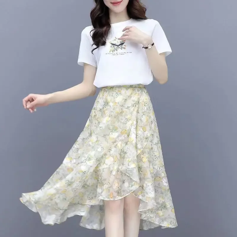 Falda de gasa Irregular con estampado de moda para mujer, falda fina elegante informal holgada que combina con todo, ropa fresca para mujer