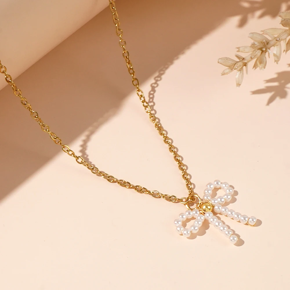 1PC Bohemian Luxury Creative Design O-shaped Chain 2mm Imitation Pearl Bow Women's Pendant Necklace
