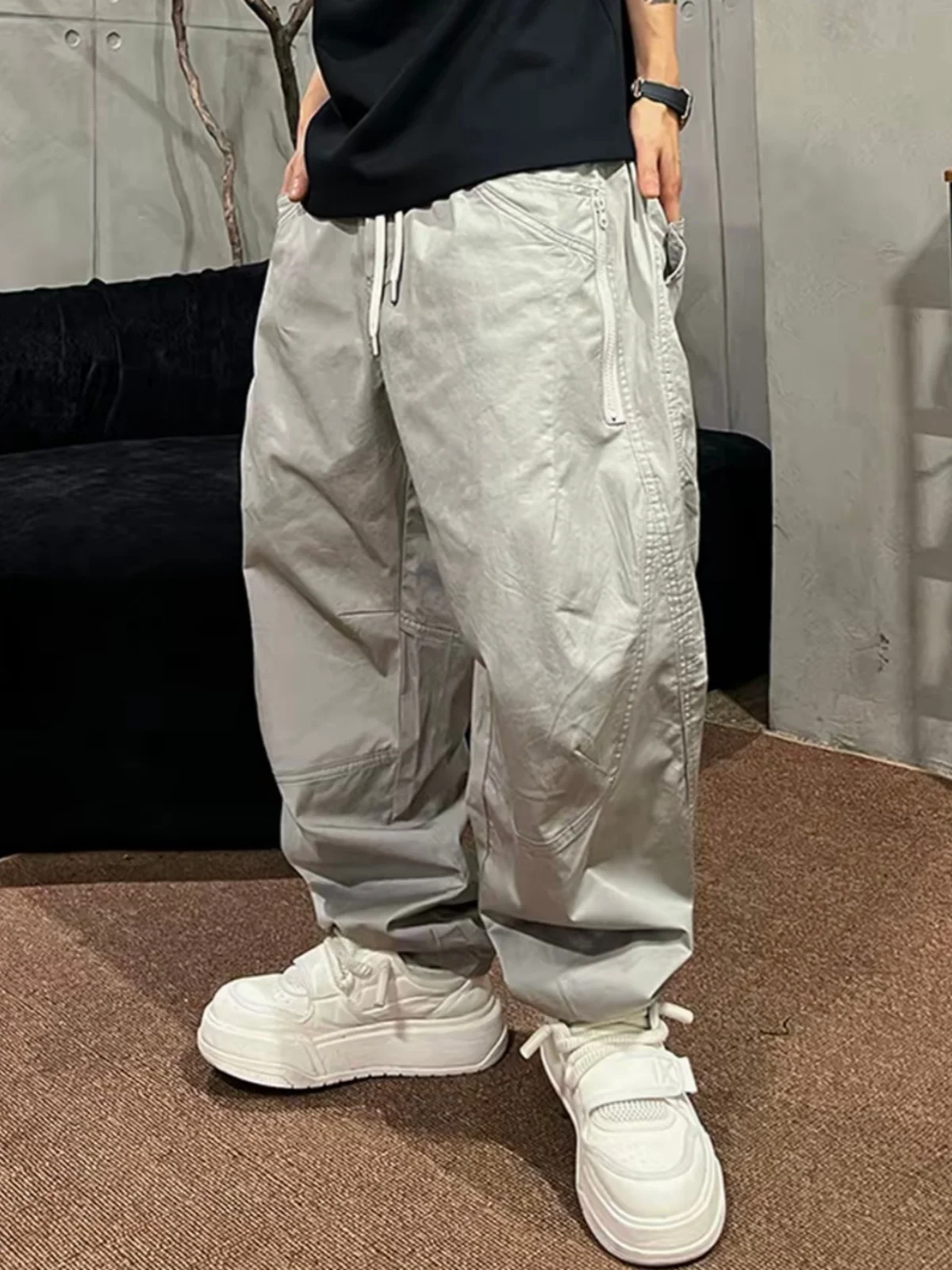 

Fall American Sle Casual Pants Men's Faionable Harlan Loose Breathable Cargo ket Knife Pleated Elastic Waist Cotton Blend