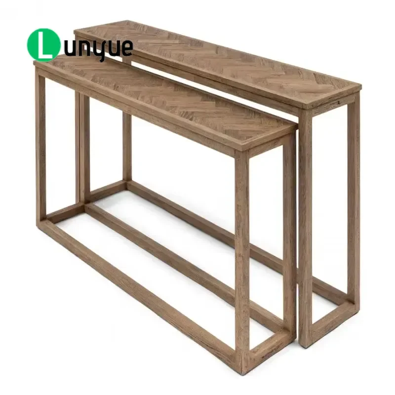 Harbor French Retro Weathered Oak Solid Wood Side Table Set Durable Console for Bedroom Living Room Apartment Hotel