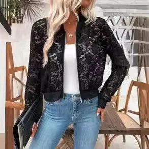 Retro-Bomberjacke mit floralem Spitzenmuster, Reißverschluss, Stehkragen, langen Ärmeln, Taschen, durchsichtig, kurz, locker geschnitten, lässige Streetwear-Oberbekleidung.