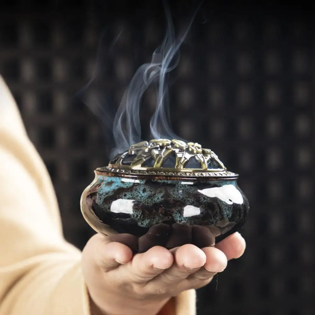 Incense Burner with Lid Hollow Top Slow Smoke Fireproof Ice Crack Pattern Peaceful Mind Censer Burner Living Room Supply 인센스 홀더