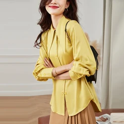 Yellow Oversized Work Wear Stain Shirts For Women Sping Casual Long Sleeve Vintage Sweet Tops Ladies