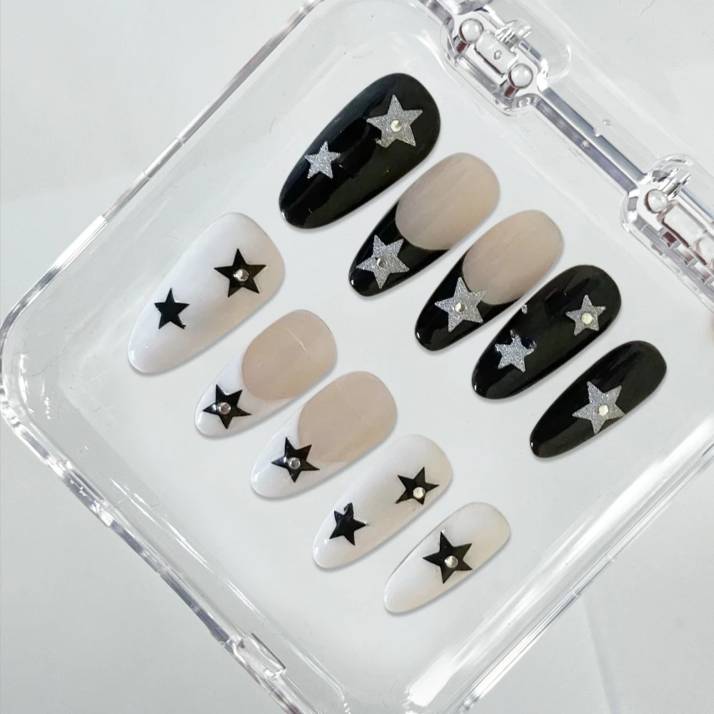 

Fashion Pure Handmade Fake Nails Spice Girl Five-pointed Star Zebra-stripe Design French Detachable Reusable Full Cover Nail Tip