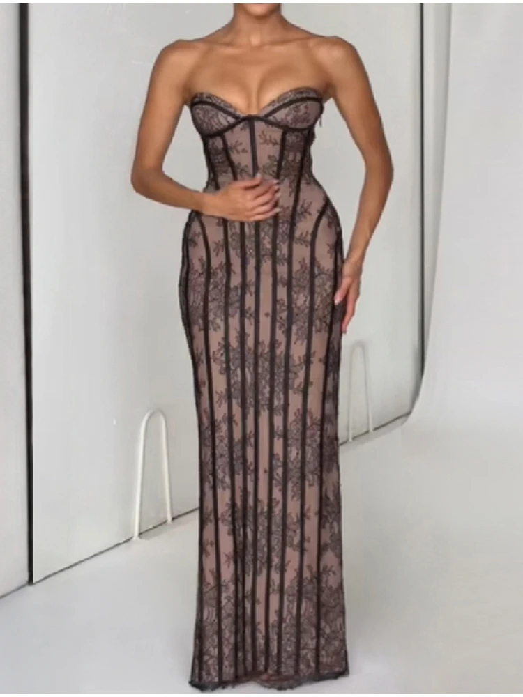 

Flower Pattern Lace Fish Bone Dress Sleeveless Strapless Slim Waist Corset Robes Party Slim Fit Vestidos 2026 New Lady Dresses