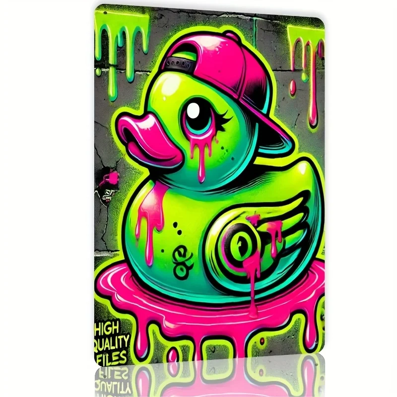 Vibrant  Colored Duck Metal Wall Sign - Stylish Vintage Decor with Pink Cap & Fashion Glasses, for Bathroom/Kitchen/Dinin