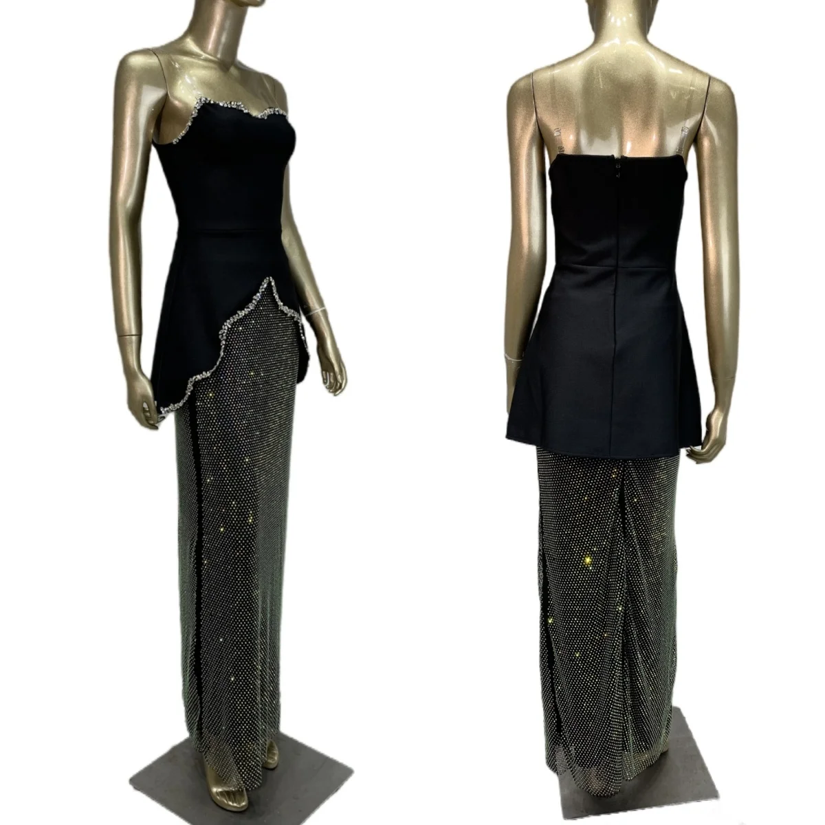 

Formal Rhinestone Black Sexy Dress High-end Bandage Long Dress Birthday Party Strapless Evening Gown Celebrate Photo Shoot Wear