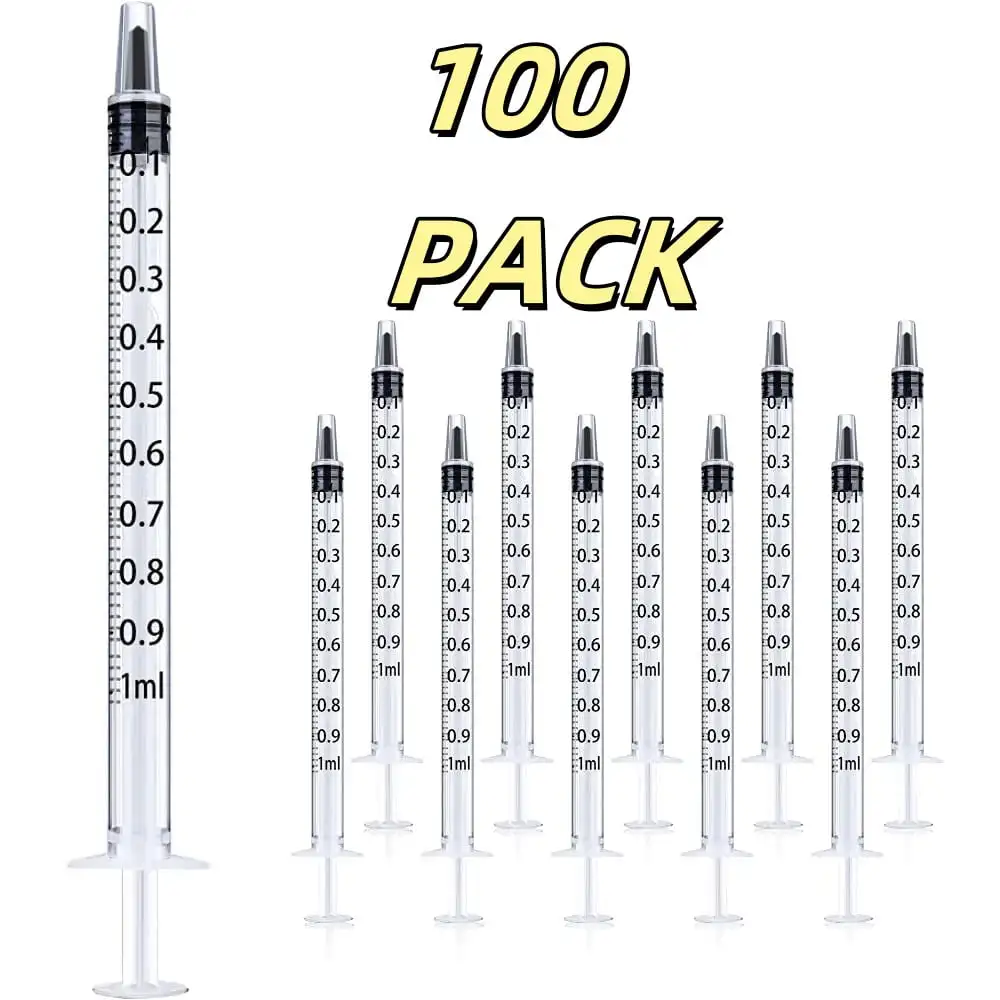 100 Pack 1ml Plastic Syringe Individually Sealed No Needles Disposable Refilling Feed Pets Oil or Glue Applicator