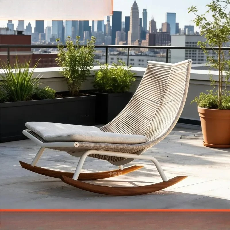 Outdoor Rattan Rocking Chair Balcony Leisure Seating Furniture for Adults Weather Resistant Wicker Recliner with Coffee Table