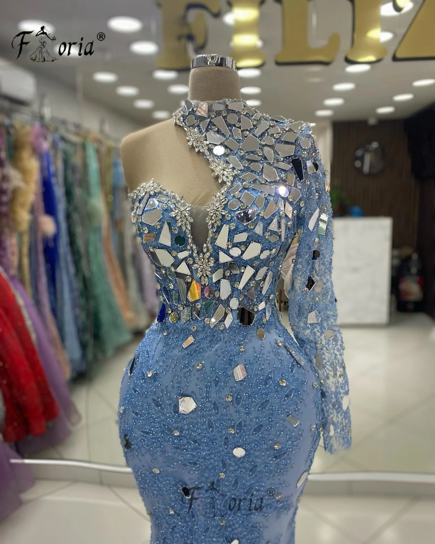 Dubai Blue Crystal Beaded Mermaid Evening Dresses Stunning Mirrors One Shoulder Wedding Party Dress vestidos de fiesta elegantes