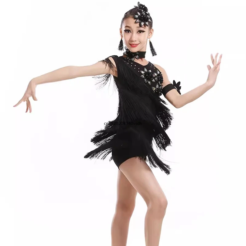 Disfraz de baile latino para niños, vestido de competición de examen femenino, traje de bailarina para actuaciones de jazz y tango