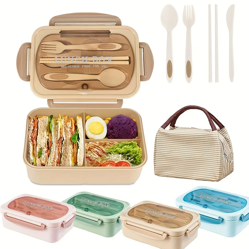 Set bento box para adulto, 3 compartimentos, se puede colocar en microondas y lavavajillas, (con cuchillo, tenedor, cuchara y palillos)