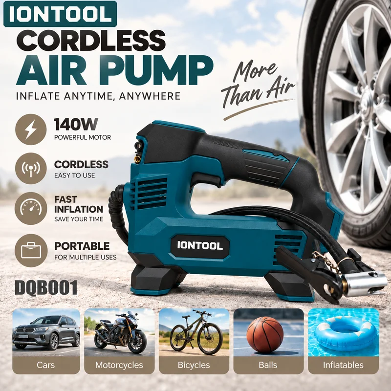 IONTOOL 140W Cordless Air Pump Portable Tire Inflator with Digital Display for Car Motorcycle Bicycle Ball Bare Tool No Battery