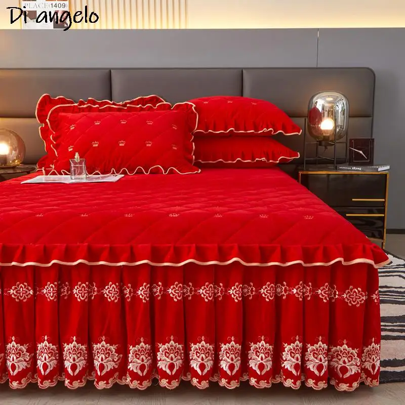 Red Thickened Quilting Bed Skirt, Embroidery, Cotton, Lace Bedspread, Pillowcase, Mattress Cover, Double King, Queen, #/#