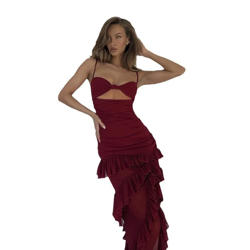 婦人服 2025 春と夏の新セクシーなスパイスガール中空サイドスプリットホルターメッシュサスペンダードレス女性