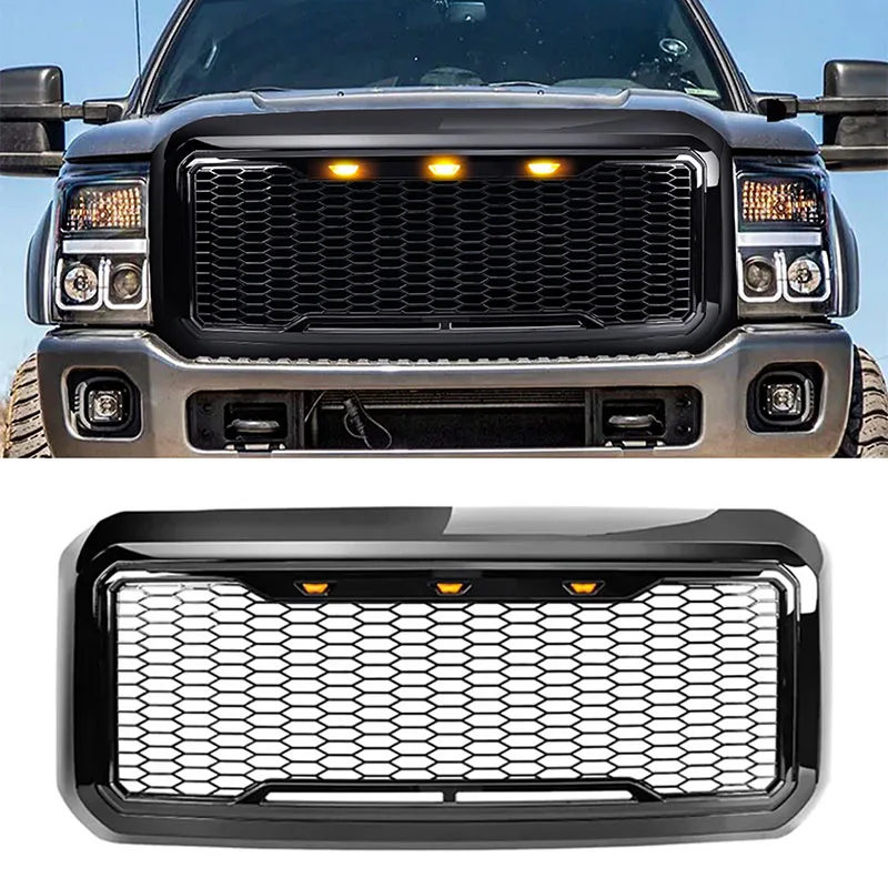 FOR Ford F-250/350/450/550 2011-2016 Raptor-style Mesh Grille with Amber Headlights (No Emblem Bracket),Gloss Black OE BC3Z8200G