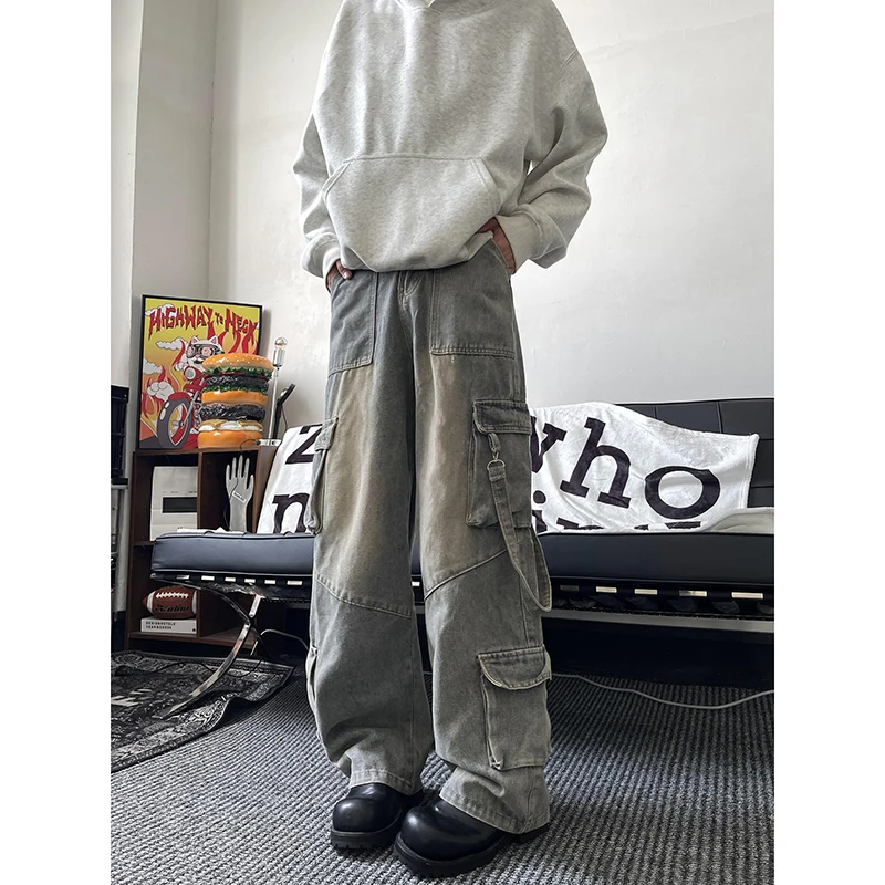 

Men's Denim Patchwork Pocket Work Pants Washed Denim High-waisted Full-length Jeans Loose and Solid Basic Patchwork Troubles