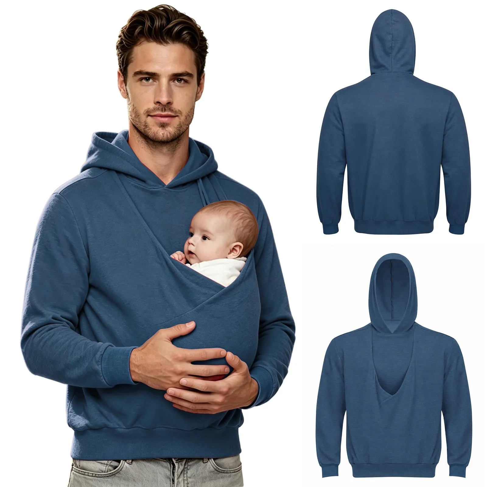 Men Hooded Sweatshirt Kangaroo Jacket Dad and Baby Carrier Hoodie Front Large Pouch Pullover Top for Outing Travel Homewear