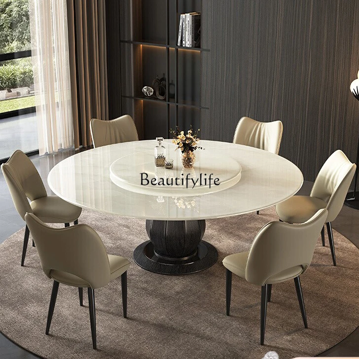 

White Ice Jade Natural Luxury Stone Dining Table and Chair Assemblage Zone Turntable Solid Wood round Dining Table High Sense