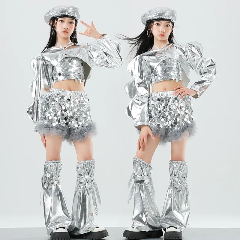 

Girls Sequined Crop Tops Street Dance Shorts Kids Skirts Hip Hop Jazz Silver Pants Clothes Sets Child Streetwear K-pop Costumes