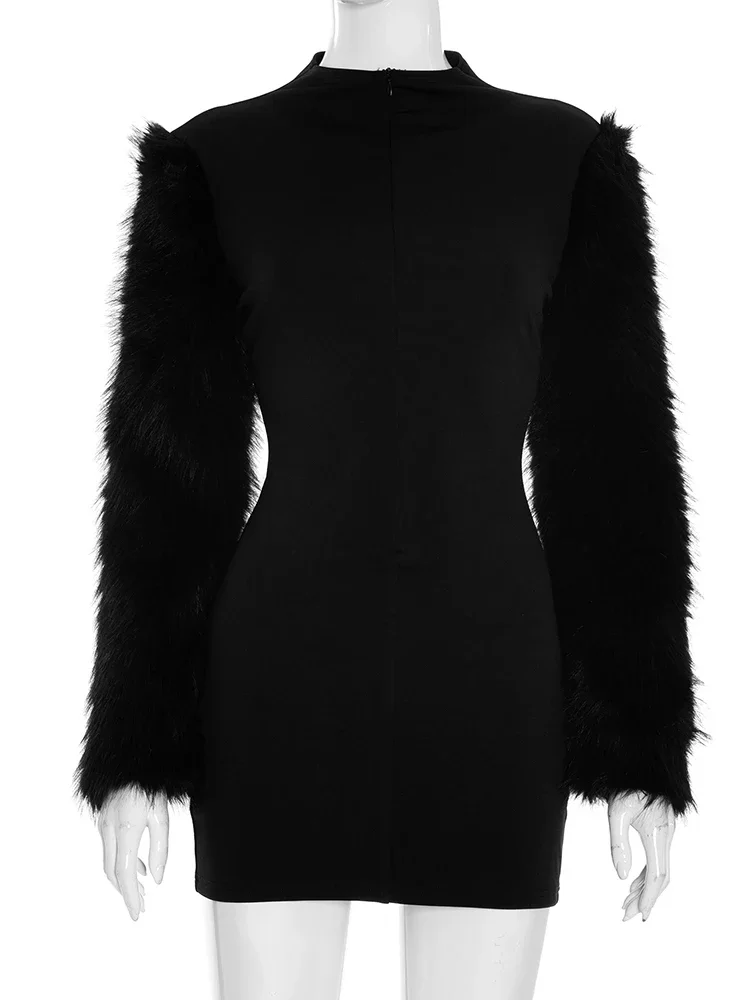 Leosoxs الفاخرة البريدي فستان المرأة الخريف الاتجاه تمتد نحيل المرقعة الفراء كم كامل بسيط حفلة عيد ميلاد الخوخ الورك Bodycon