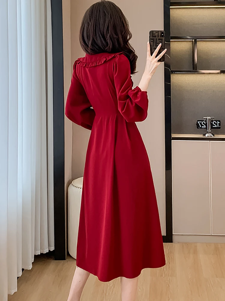 가을 겨울 레드 긴 소매 러플 달러 칼라 롱 드레스 여성 빈티지 럭셔리 이브닝 드레스 2025 한국 우아한 프로모션 드레스