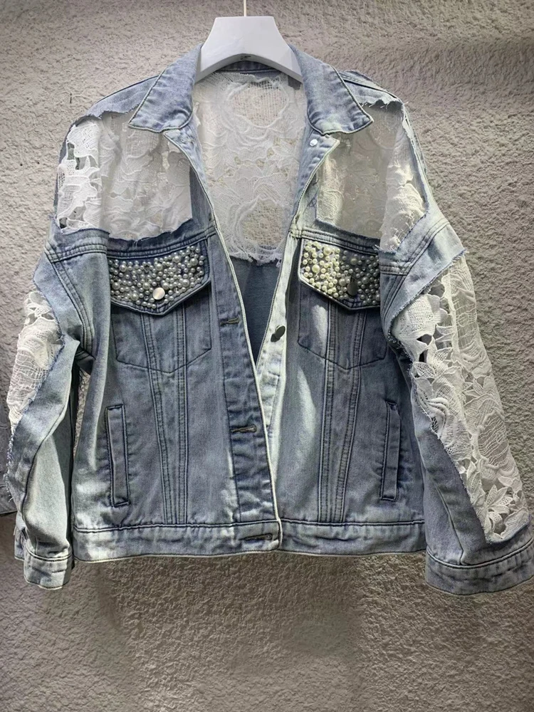 2024 Spring And Autumn New Loose And Versatile Mesh Perspective Lace Embroidery Beaded Short Denim Coat Women\'s Fashion Jackets