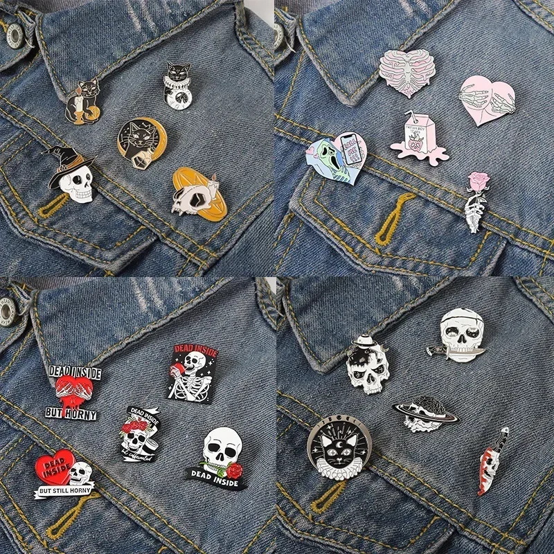 Creative Horror Skull Element Brooch Cute Halloween Funny Cat Metal Badge Pins for Backpacks Badges Metal Brooches for Clothing
