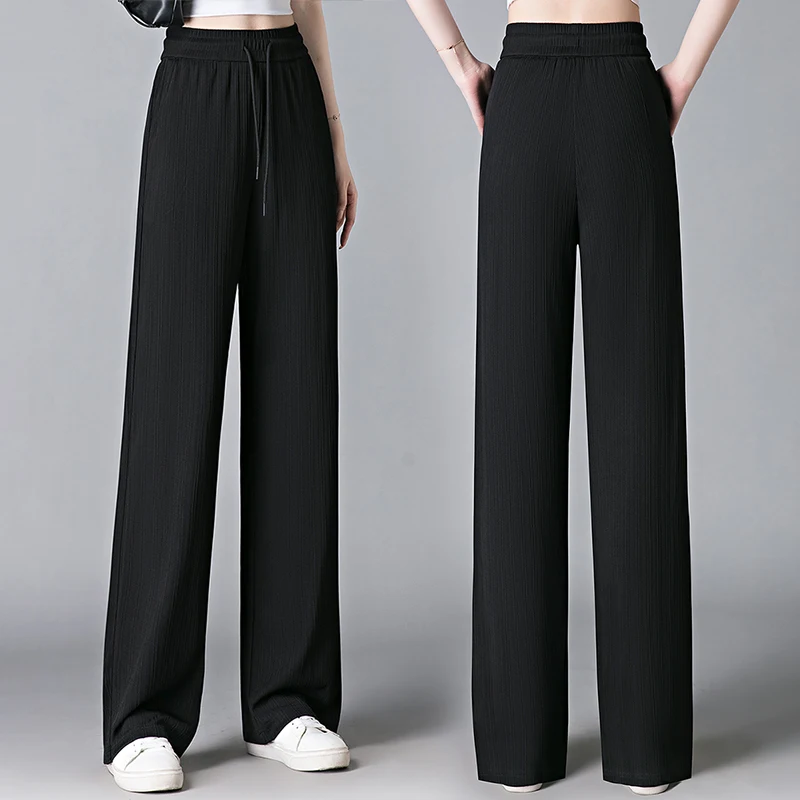 ใหม่เกาหลีรุ่นผ้าไหมน้ําแข็งขากว้างผู้หญิงฤดูร้อนกางเกงเอวสูงสบายๆอเนกประสงค์หลวมแฟชั่นกางเกงขาตรง