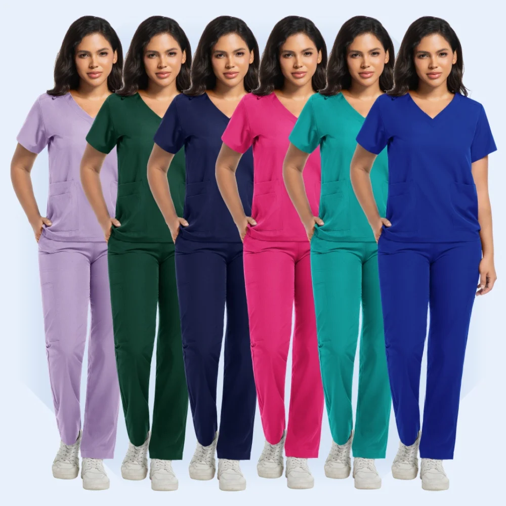 Costumes de médecin, uniforme de haute qualité pour femmes et hommes, uniforme d'infirmière médicale, ensemble de frottement, haut et pantalon modernes à col en v, vêtements de travail
