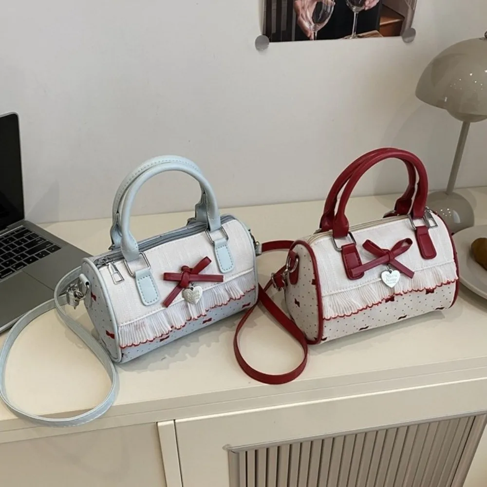 

Messenger Bag Polka Dot Boston Handbag Bow Single Shoulder Crossbody Bowling Bag Waterproof Korean Style Small Square Bag School