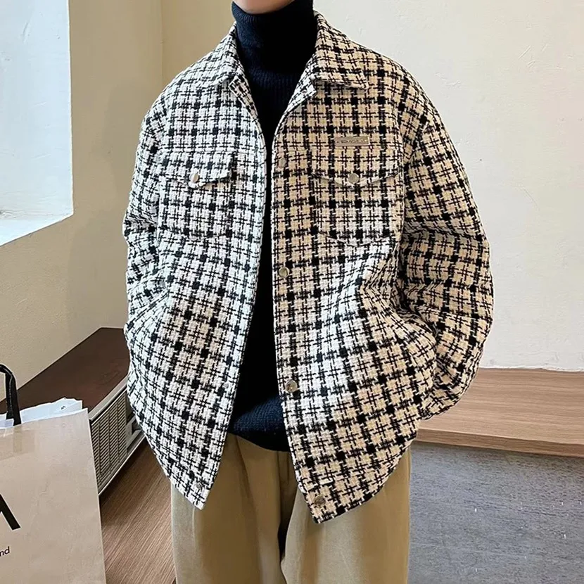 

Loose Fit Plaid Workwear Jaet for Men Spring Autumn Faion Classic Sle Single Button Closure Long Sve Windproof Coat