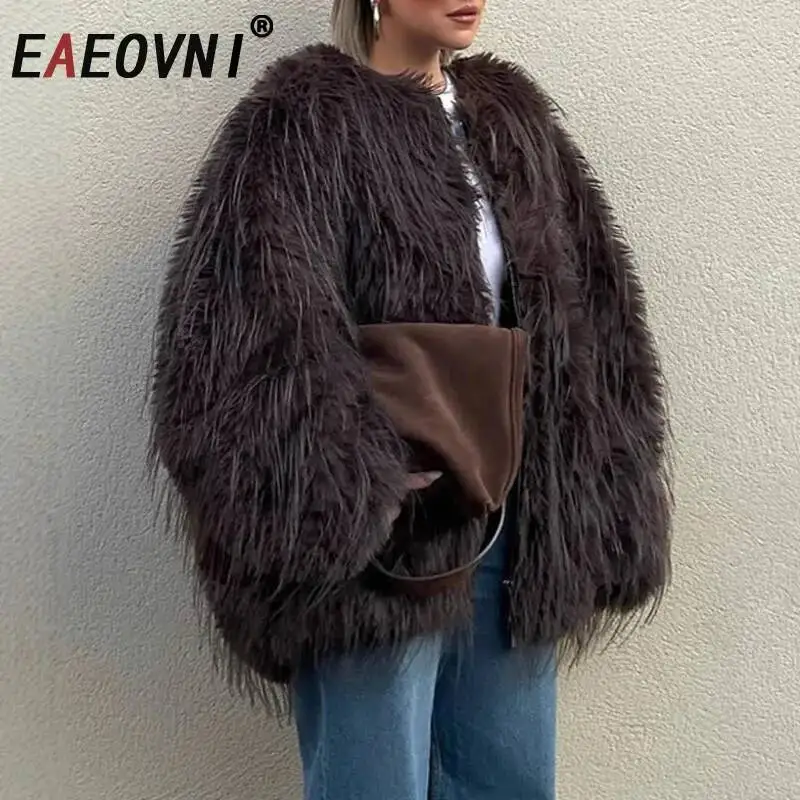 

EAEOVNI Winter Fur Tassel Spliced Design Jacket Women Fashion Round Neck Solid Color Loose Coat Streetwear 2025 New Clothing