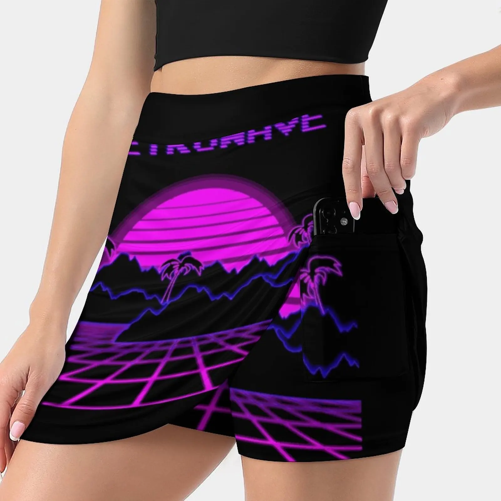 Synthwave Retrowave Design For The Eighties Music Lovers Women Mini Skirt Two Layers With Pocket Skirts Sport Fitness Running