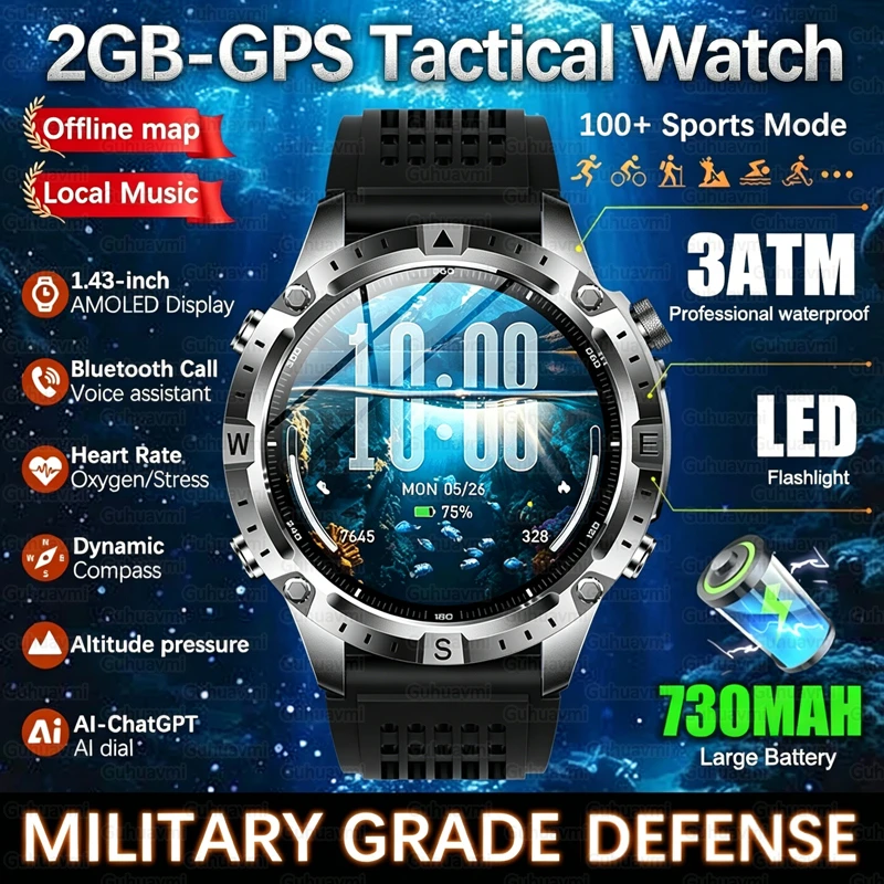 

2026 Tactical GPS Smart Watch Men 2GB ROM Offline Map Compass 710mAh 3ATM Waterproof Outdoor Sports Smartwatch BT Call Flashligh