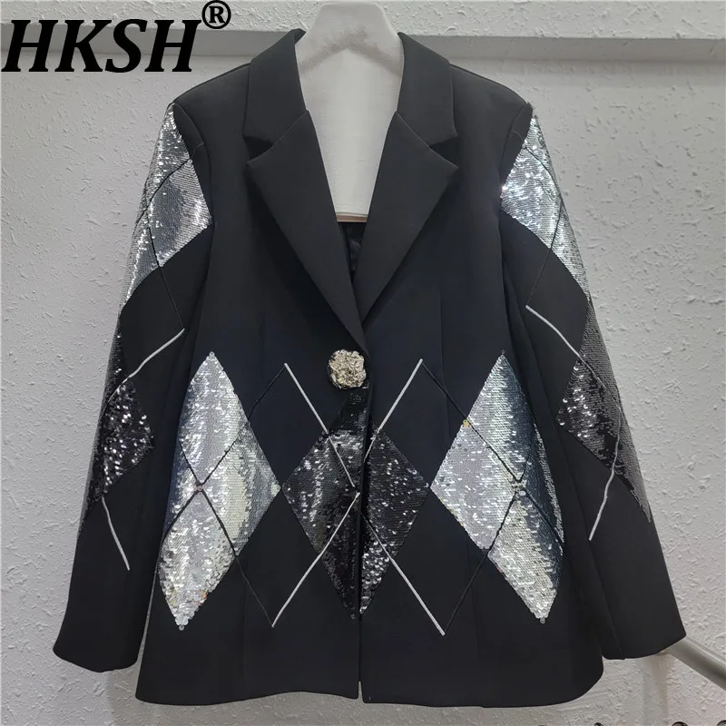 HKSH Women Chic Blazer Color Block Sequined Patchwork Notched Collar Single Button Elegant Fashion Ins Jacket New Spring HK20232
