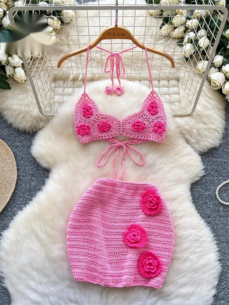 

3D Floral Crochet Beach Sets Halter Backless Lingerie Top+Mini Bodycon Short Women Bohemian Seaside Vacation 2Pcs Sets