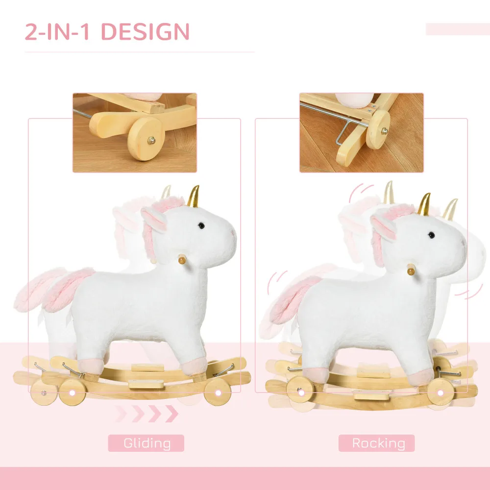 Rocking Horse, 2 in 1 Kids Ride on Horse, Rolling Unicorn Animal Rocker with Sound, Wooden Base, Pedal, Grip Handle