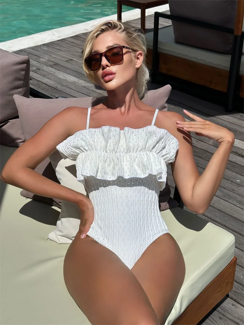 

1 Piece Women's Swimsuit Underwear+Bra Dot White Summer Beach Holiday Sexy Strap Jumpsuit Casual Daily Hot Girl Streetwear