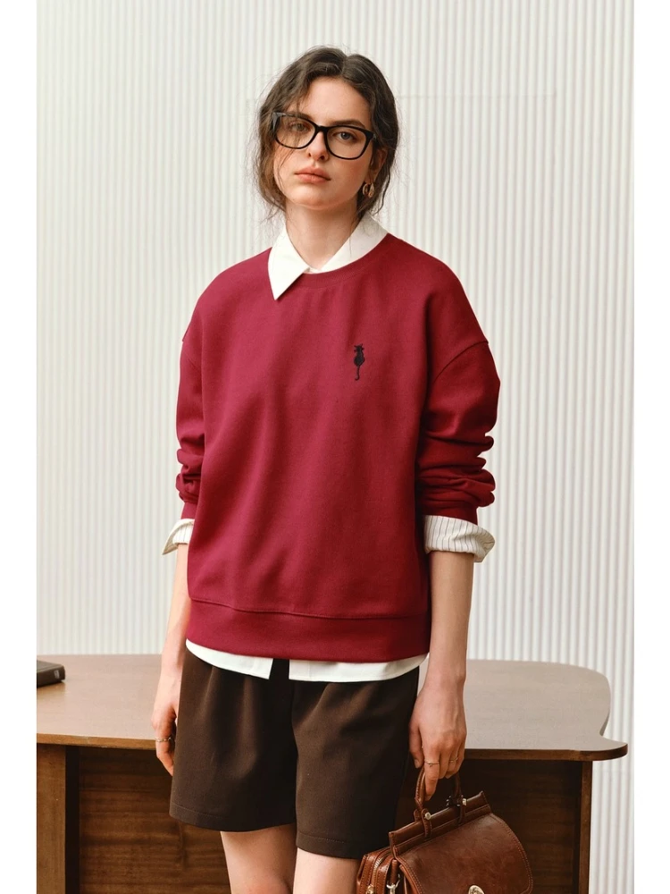 OLrain Women's Red Sweatshirts 2025 Autumn Casual Loose Shoulder Sleeves O-neck Sweater Embroidered Knit Pullovers O57QR001102