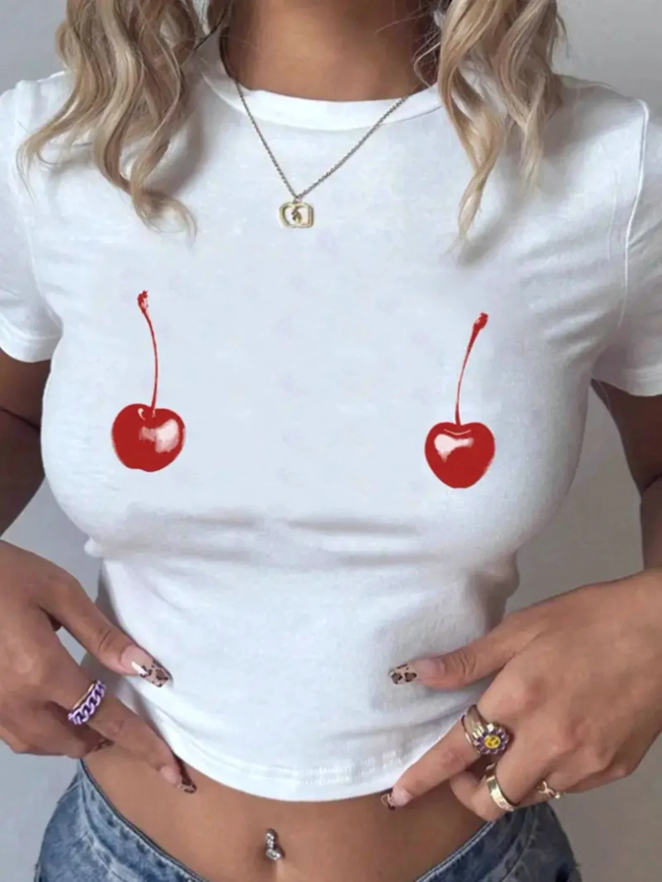 

Red Cherry Fun Print Short Sleeve Y2k Emo Vintage Tee Harajuku Short Sleeve Casual T-shirt Clothing Street Top Aesthetic Clothes