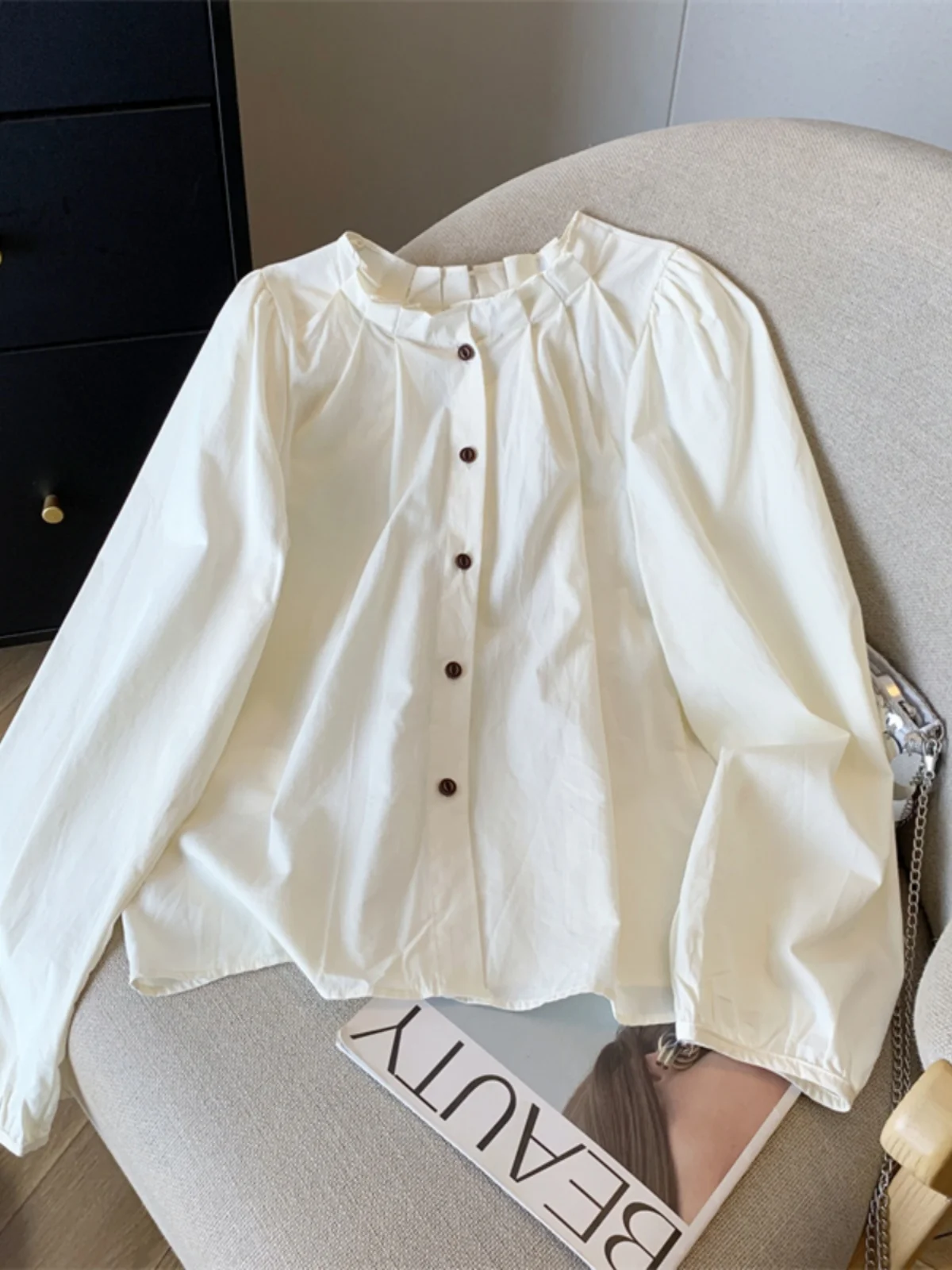 

Женская свободная блузка с пышными рукавами, весна 2026, новая модель, с плиссированным кружевным воротником, приталенная, повседневная, из хлопка, с длинными рукавами, белая