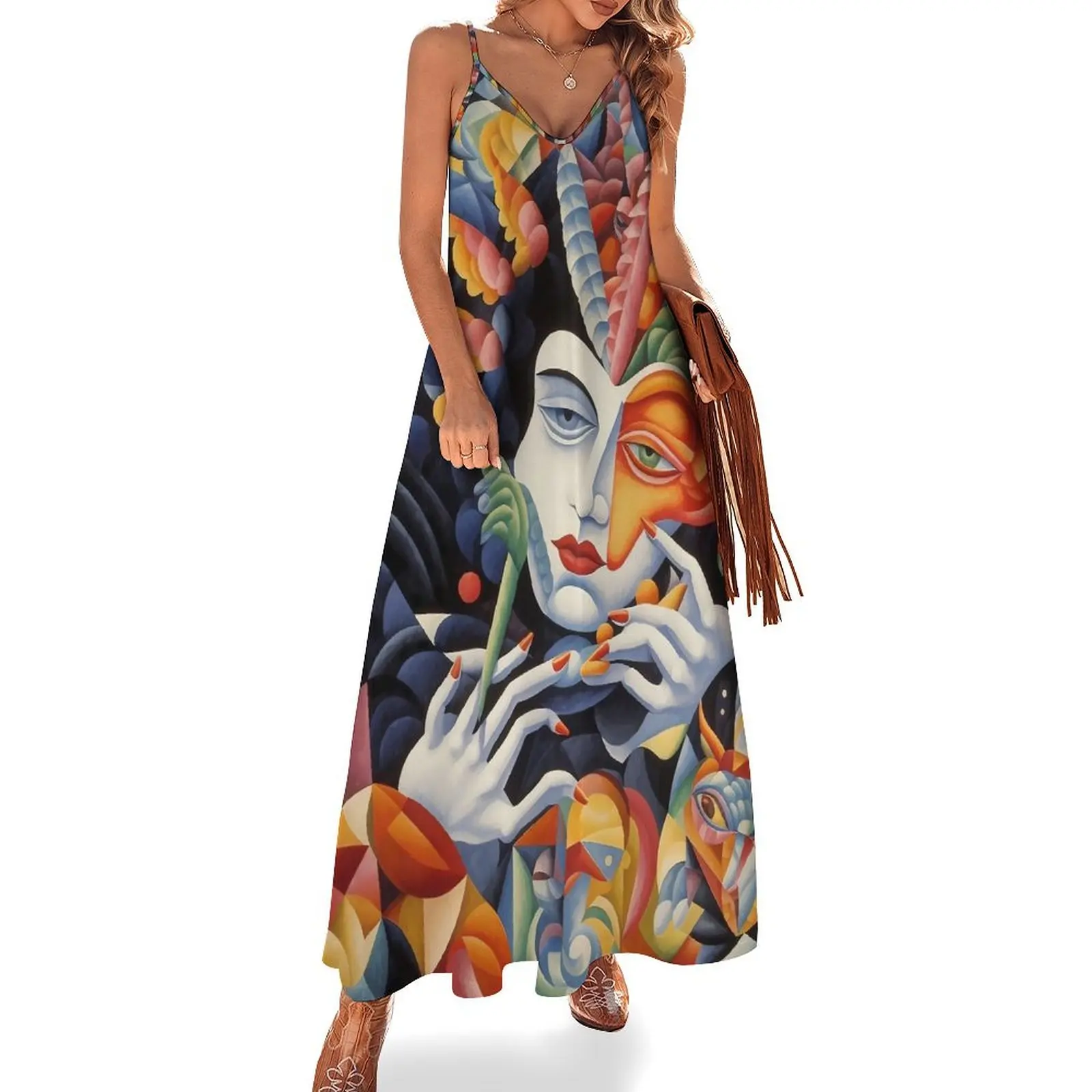 

Abstract Lady Face Dress Colorful Art Modern Maxi Dress Street Style Boho Beach Long Dresses Womens Strap Graphic Large Size