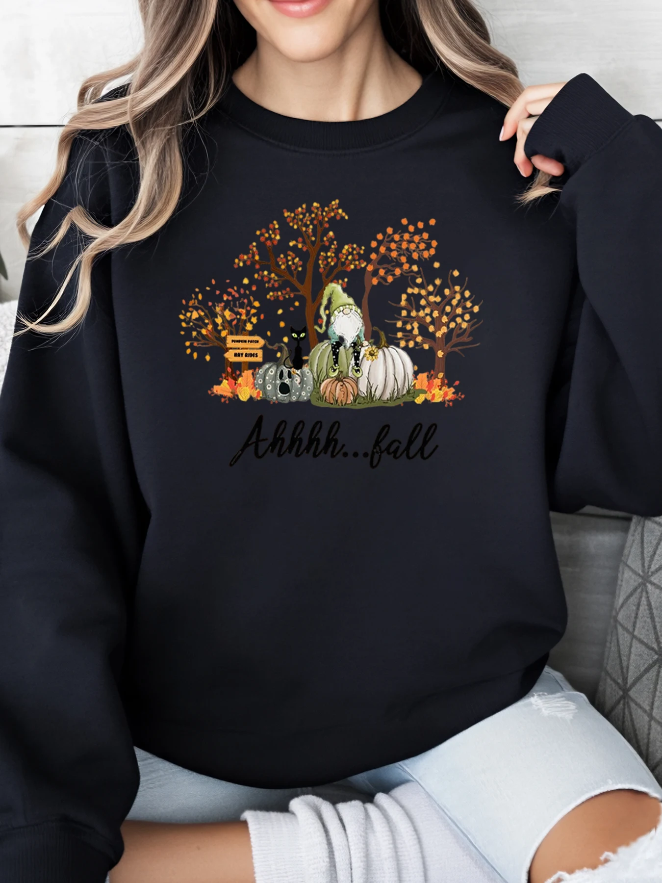 

Осенний свитшот с принтом тыквы и гнома на Хэллоуин, женская осенняя повседневная одежда, черный, больших размеров