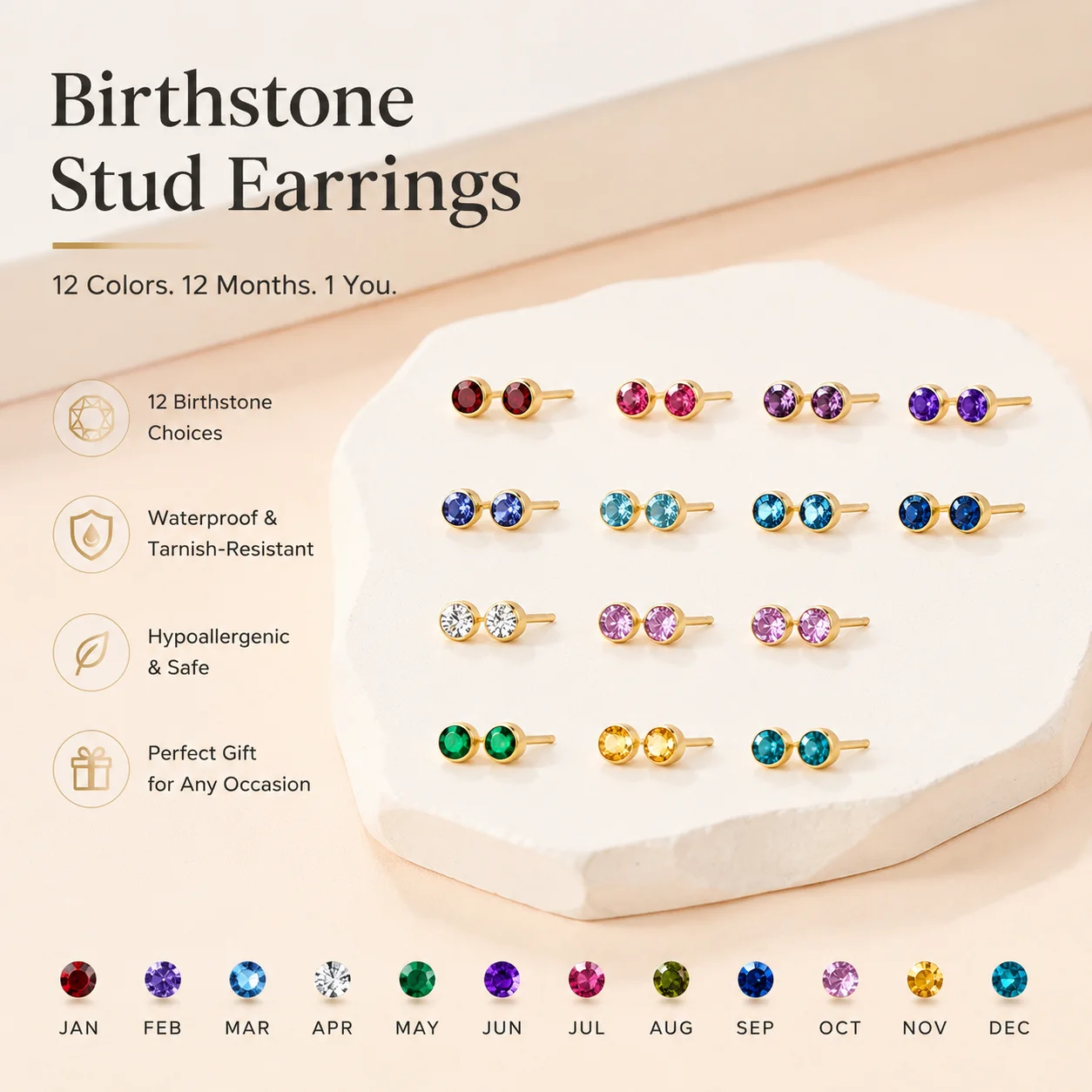 12 Monate Mini Runde Geburtsstein-Ohrstecker, vergoldet, kleine Mini-Zirkon-Ohrringe, personalisiertes Geschenk für Frauen
