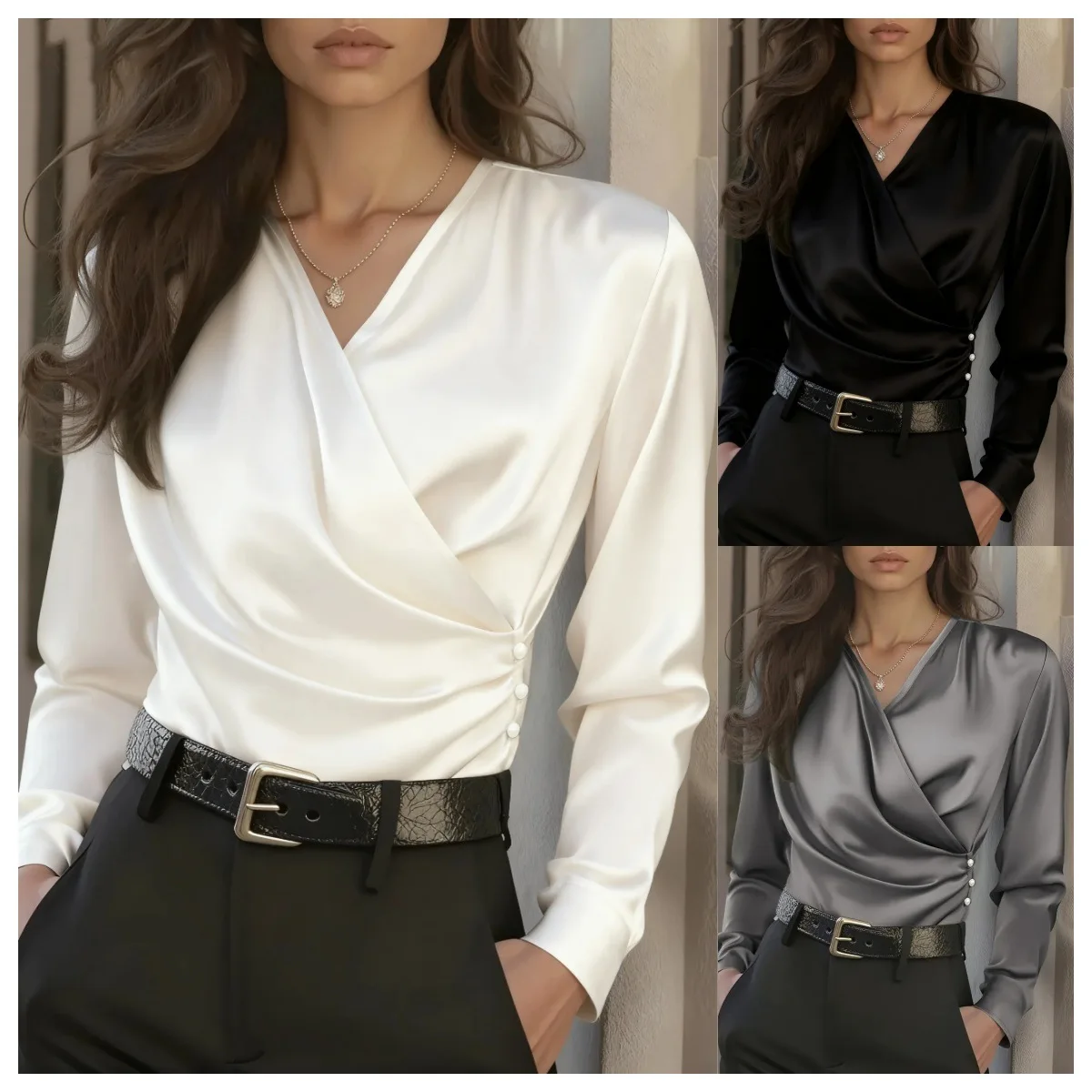 

French Women's V-neck Shirt Pleated White Simple Top Slim Fashion Black Office Lady Versatile Blouses for Female